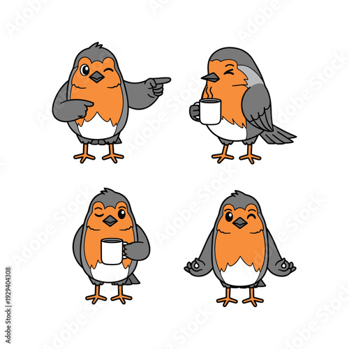 Cartoon robin bird characters set with different emotions and actions on white background