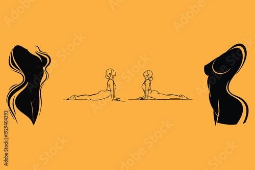 Minimalist yoga cobra pose artwork with abstract female silhouettes celebrating flexibility, strength, and expressive body movement on orange background design.