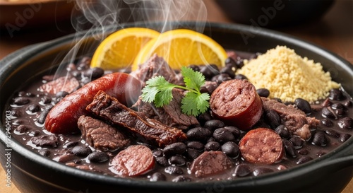 Brazilian feijoada in black bowl with ingredients