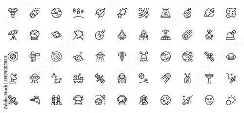 Astronomy and Space Exploration icon set. Vector illustration pack with planets, rocket launch, satellite, UFO, astronaut and more. Editable stroke.