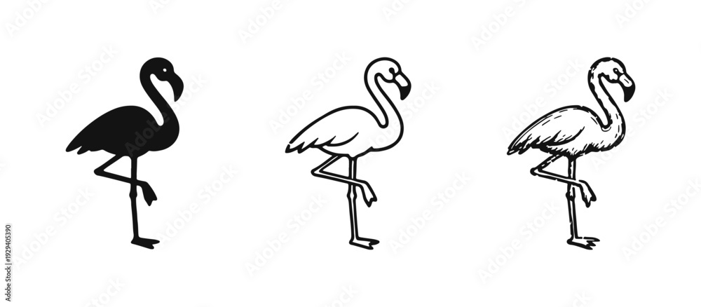 Obraz premium Flamingo Icons Collection - Tropical Bird Silhouettes, Outlines, and Hand Drawn Styles