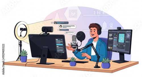 Young man podcasting with dual monitors and microphone in a modern home office setup