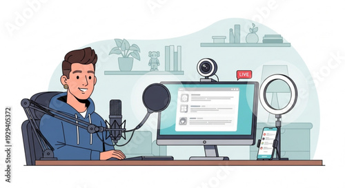 Smiling man podcasting from home studio with computer and microphone