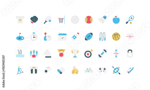Collection of minimal flat sport icons including equipment, activities, awards, and health symbols for fitness, competition, and recreation concepts isolated vector illustration