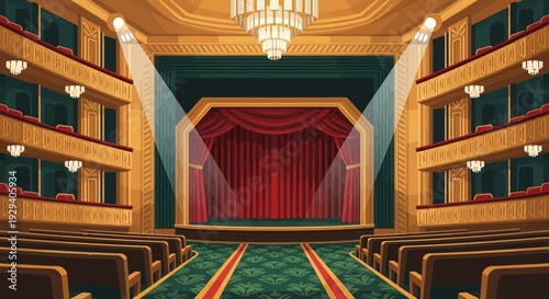 Empty ornate theater auditorium with red curtains and wooden seats, spacious and atmospheric stage area.
