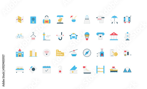 Travel and tourism icons in simple flat style showing transportation, accommodation, navigation, adventure, and vacation essentials isolated vector illustration