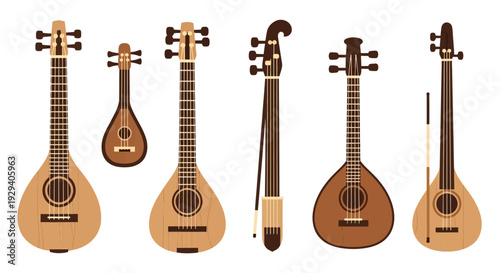 Collection of stringed musical instruments arranged in a row, including ukuleles and guitars.