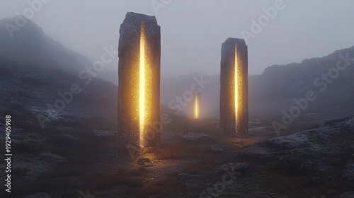 Mysterious glowing monoliths in foggy mountain landscape at dawn
