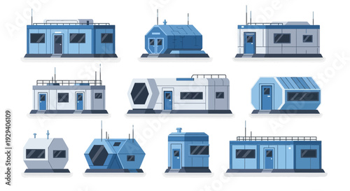 Blue modular train cars and trams in a stylized set of transport vehicles.