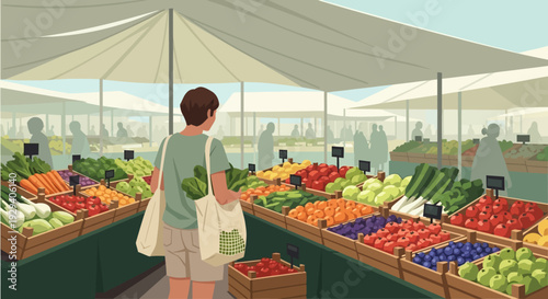 Shoppers browse vibrant outdoor market stalls filled with colorful fruits and vegetables under sunny canopies.