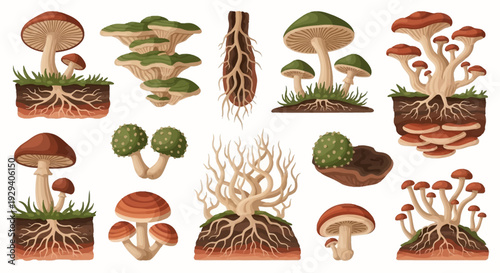 Collection of diverse wild mushrooms and fungal species with roots and soil textures.