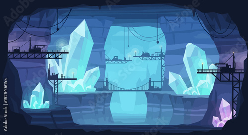 Frozen blue crystal cavern with luminous ice formations and hanging icicles in a surreal underground scene.