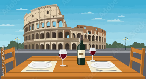 Terrace dining with a view of the Colosseum in Rome at sunset, overlooking ancient ruins and arches.