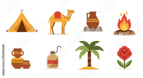 Desert camping icons featuring a tent, camel, pottery, campfire, and palm tree silhouettes.