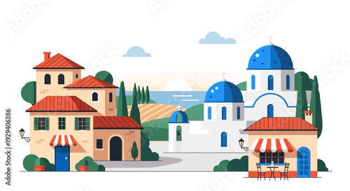 Colorful seaside town with whitewashed buildings and blue-domed churches along a tranquil coastal panorama.