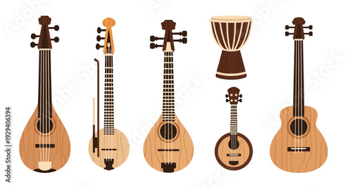 Collection of Five Traditional Stringed Instruments Arranged in a Row.