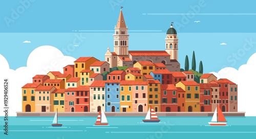 Colorful coastal townscape by a calm harbor with vibrant buildings, boats, and a bright seaside panorama.