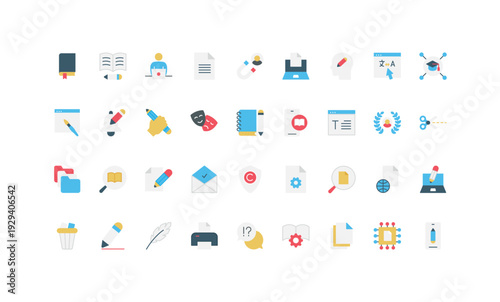 Colorful flat style icons for writing editing, proofreading, document management, creative process, and digital content creation, perfect for educational and office themes isolated vector illustration