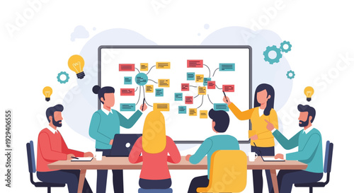 Diverse team collaborating in a bright office meeting with a whiteboard and colorful sticky notes.