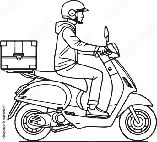 Black and white line art of scooter rider wearing helmet with delivery box illustration symbolizing transport courier and urban service