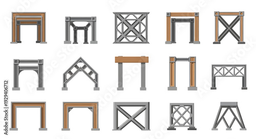 Assorted wooden frame silhouettes and lattice panels in neutral tones for decor and architecture references.
