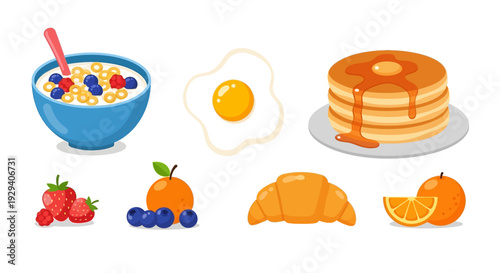 Assorted breakfast items including eggs pancakes croissant and fruit bowl.