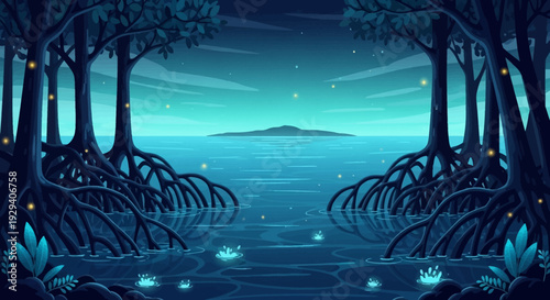 Moonlit Blue Forest Swamp with Bioluminescent Water Reflections and Glowing Trees.