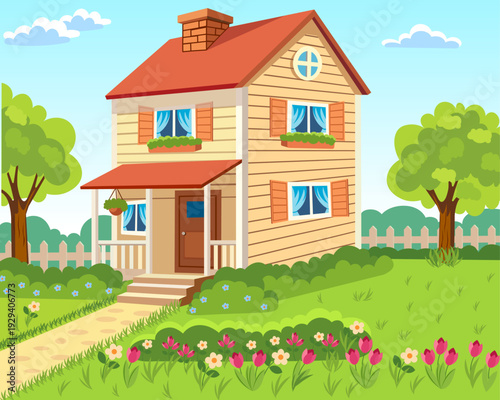 two-story house with a garden plot