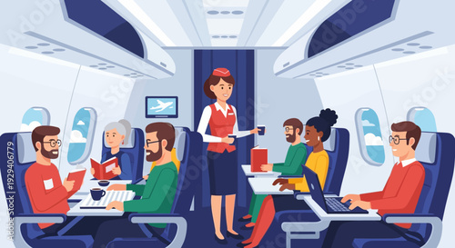 Flight Attendant Assists Passengers Inside Busy Airplane Cabin.