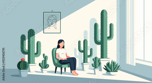 Calm indoor scene of a person seated among potted cacti and succulents by a sunlit window with lush greenery.