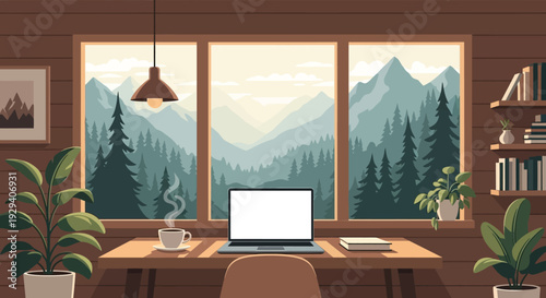 Cozy mountain view office with wooden desk and laptop by large window in a warm, inviting workspace.