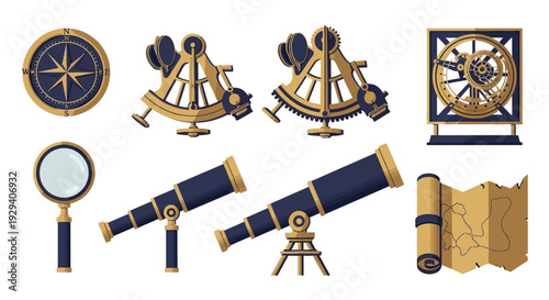 Collection of Maritime Navigation Instruments Including Sextant, Telescope, and Compass.