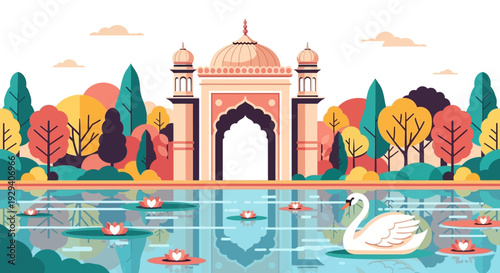 Vibrant illustration of a grand arch gateway beside a serene lake.