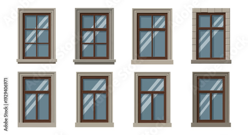 Row of wooden window frames across a light wall facade showing repeated rectangular panes and symmetry.