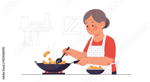 Woman Cooking with Wok on Stove in Kitchen Illustration.
