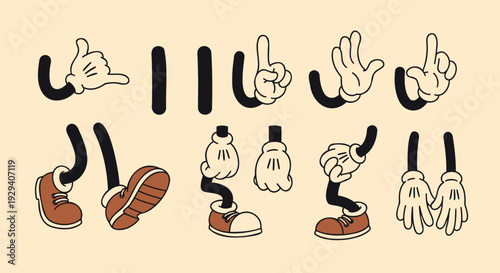 Collection of cartoon hands showing various gestures and signs in different positions and angles