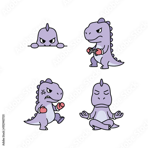 Cartoon dinosaur practicing yoga and meditation with dumbbells in various poses