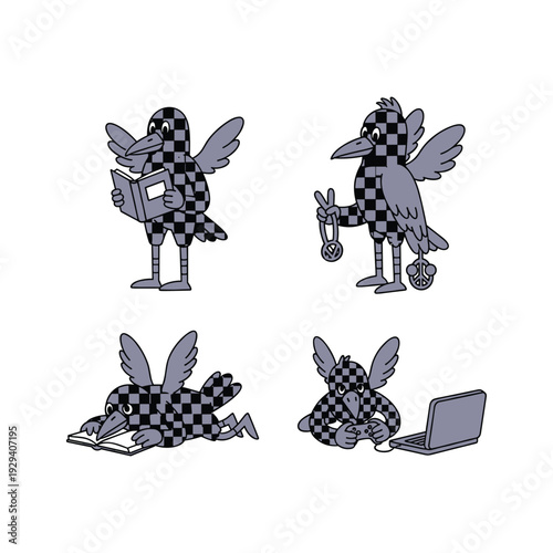 Checkered bird character working on laptop and paperwork with various emotions