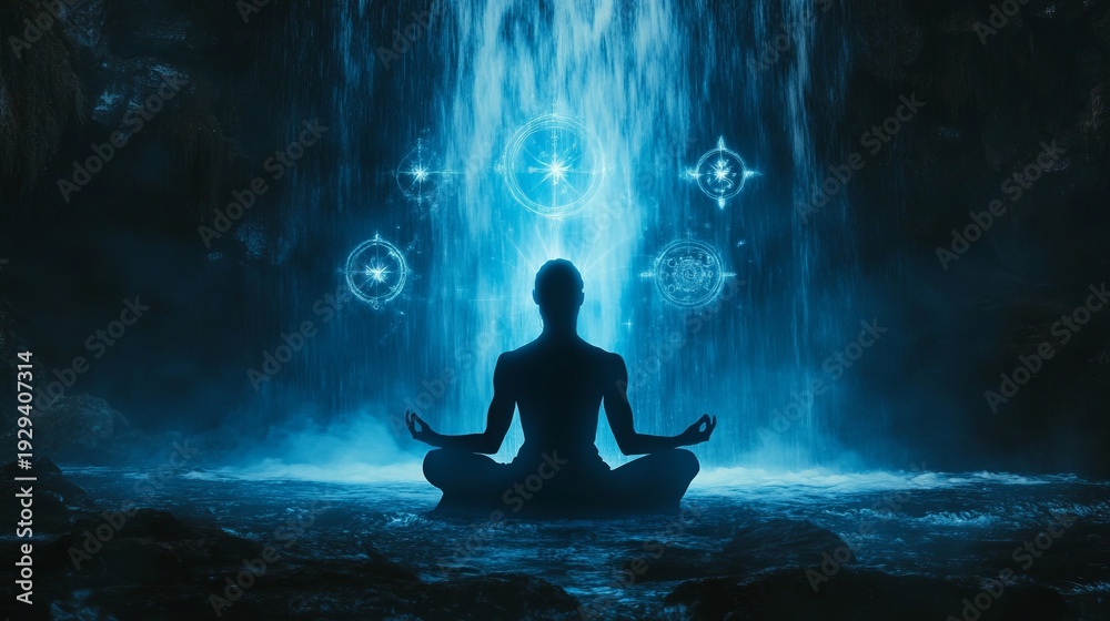 Fototapeta premium Silhouette of figure meditating in front of mystical waterfall with glowing symbols