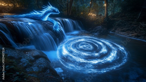 Majestic blue dragon overlooking mystical waterfall with glowing swirl in enchanted forest
