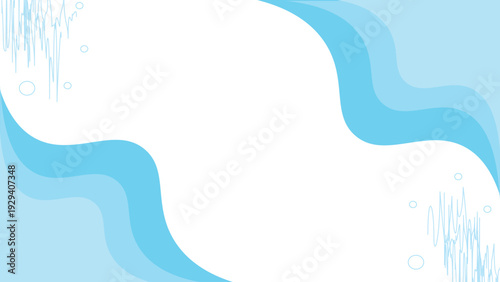Abstract light blue background with flowing wavy water shapes, bubbles, splash accents, and modern aquatic decorative template layout