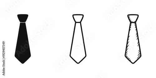 Classic Necktie Icons Set in Silhouette, Outline, and Hand-Drawn Styles