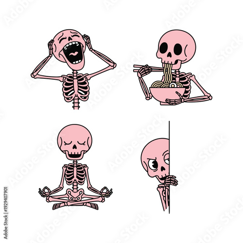 Skeleton practicing yoga poses in various meditation postures with emotional expressions