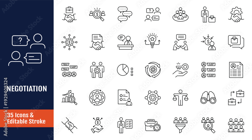 Naklejka premium Negotiation icon set. Outline icon with Editable stroke. Vector illustration