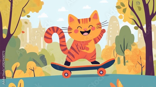 Cheerful cartoon cat skateboarding in autumn park