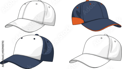 Four Baseball Caps in Different Colors and Styles white cap