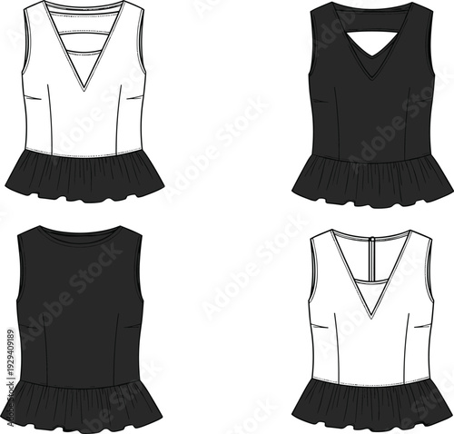 Four Variations of a Black and White Tank Dress with Ruffled Hem