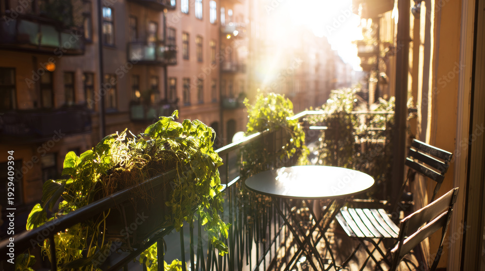 Obraz premium Balcony setting with garden furniture and plants, illuminated by bright sun, overlooking a charming European street