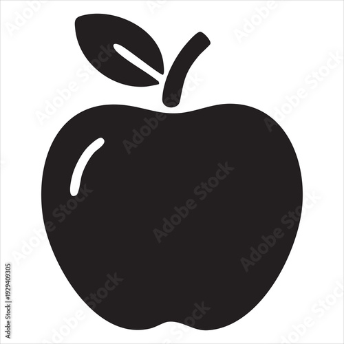 Black icon of an apple with a stem and leaf, a simple vector illustration symbolizing healthy eating and freshness. Adobe Illustrator Artwork