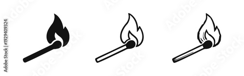 Set of lit matchstick icons in solid, outline, and hand-drawn black and white vector styles.